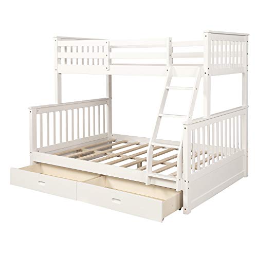 JOSN Twin-Over-Full Bunk Bed with Ladders and Two Storage Drawers, Full Size Bunk Bed with Ladder and Safety Rails, for Kids, Teens, Adults (White)