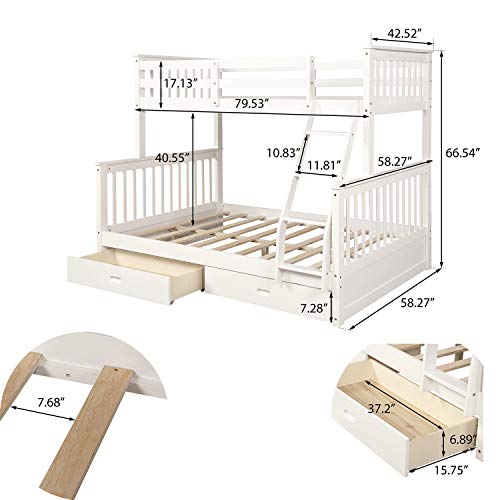 JOSN Twin-Over-Full Bunk Bed with Ladders and Two Storage Drawers, Full Size Bunk Bed with Ladder and Safety Rails, for Kids, Teens, Adults (White)