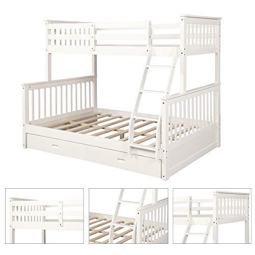 JOSN Twin-Over-Full Bunk Bed with Ladders and Two Storage Drawers, Full Size Bunk Bed with Ladder and Safety Rails, for Kids, Teens, Adults (White)