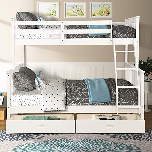 JOSN Twin-Over-Full Bunk Bed with Ladders and Two Storage Drawers, Full Size Bunk Bed with Ladder and Safety Rails, for Kids, Teens, Adults (White)