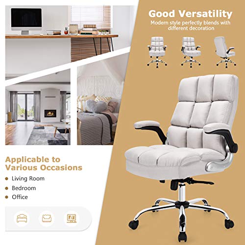 Giantex Executive Office Chair, Big and Tall Ergonomic Computer Chair, Adjustable Tilt Angle and Flip-up Armrest Linen Fabric Upholstered Chair with Thick Padding, High Back Managerial Chair (Beige)