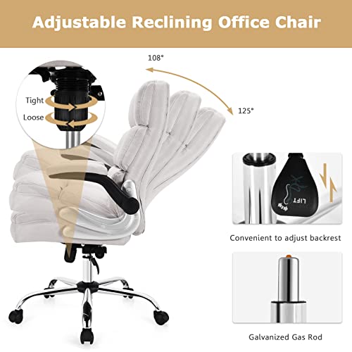 Giantex Executive Office Chair, Big and Tall Ergonomic Computer Chair, Adjustable Tilt Angle and Flip-up Armrest Linen Fabric Upholstered Chair with Thick Padding, High Back Managerial Chair (Beige)