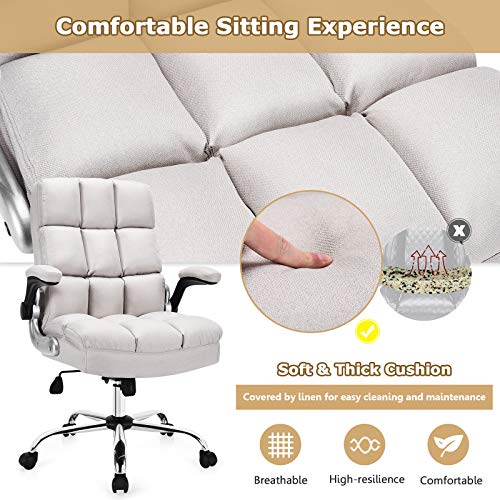 Giantex Executive Office Chair, Big and Tall Ergonomic Computer Chair, Adjustable Tilt Angle and Flip-up Armrest Linen Fabric Upholstered Chair with Thick Padding, High Back Managerial Chair (Beige)