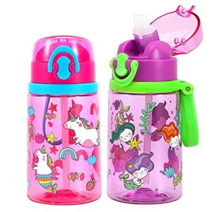 2 pack cute water bottles with straw for kids girls boys, bpa free tritan & leak proof one click open flip top & silicone sipper & secure lock & soft carry loop, 14oz / 400ml (unicorn & mermaid 2)