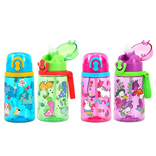 2 Pack Cute Water Bottles with Straw for Kids Girls Boys, BPA FREE Tritan & Leak Proof One Click Open Flip Top & Silicone Sipper & Secure Lock & Soft Carry Loop, 14oz / 400ml (Unicorn & Mermaid 2)