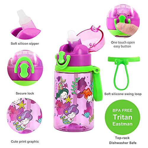 2 Pack Cute Water Bottles with Straw for Kids Girls Boys, BPA FREE Tritan & Leak Proof One Click Open Flip Top & Silicone Sipper & Secure Lock & Soft Carry Loop, 14oz / 400ml (Unicorn & Mermaid 2)