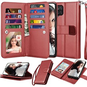 njjex wallet case for samsung galaxy a12, for galaxy a12 case 6.5", [9 card slots] pu leather credit holder folio flip [detachable] kickstand magnetic phone cover & lanyard for samsung a12 [wine red]