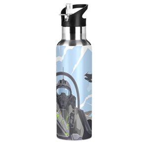 oyihfvs plane aircraft fighter cockpit overview on sky stainless steel water bottle, double walled with handle thermo cup bottle 20 oz, leak-proof vacuum hot cold insulated travel mug