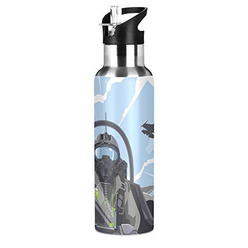 Oyihfvs Plane Aircraft Fighter Cockpit Overview On Sky Stainless Steel Water Bottle, Double Walled with Handle Thermo Cup Bottle 20 Oz, Leak-Proof Vacuum Hot Cold Insulated Travel Mug