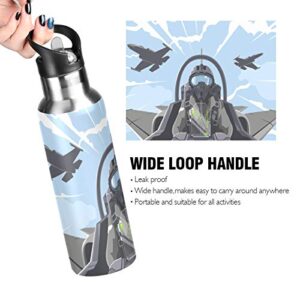 Oyihfvs Plane Aircraft Fighter Cockpit Overview On Sky Stainless Steel Water Bottle, Double Walled with Handle Thermo Cup Bottle 20 Oz, Leak-Proof Vacuum Hot Cold Insulated Travel Mug