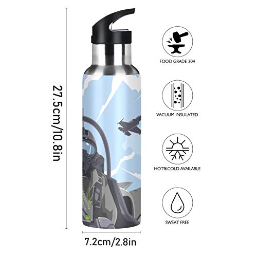 Oyihfvs Plane Aircraft Fighter Cockpit Overview On Sky Stainless Steel Water Bottle, Double Walled with Handle Thermo Cup Bottle 20 Oz, Leak-Proof Vacuum Hot Cold Insulated Travel Mug