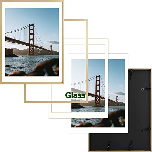 Frametory, 12x16 Aluminum Photo Frame with Ivory Color Mat for 11x14 Picture & Real Glass, Metal Picture Frame Collection (Gold, 1-Pack)