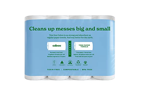 Caboo Tree Free Bamboo Paper Towels, 8 Rolls, Earth Friendly Sustainable Kitchen Paper Towels with Strong 2 Ply