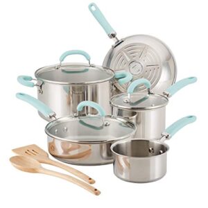 Rachael Ray Create Delicious Cookware Set, 10-Piece, Stainless Steel with Light Blue Handles & Ray Cucina Japanese Stainless Steel Knife Kitchen Cutlery Wooden Block Set, 6 Piece, Agave Blue