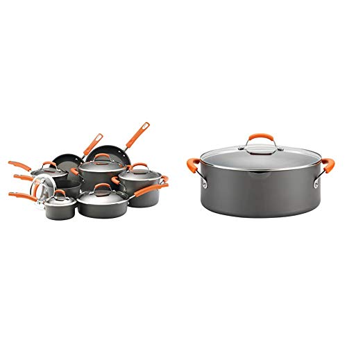 Rachael Ray Brights Hard-Anodized Nonstick Cookware Set, 14-Piece Pot and Pan Set, Gray with Orange Handles & Ray Brights Hard Anodized Nonstick Pasta Pot/Stockpot/Stock Pot - 8 Quart, Gray