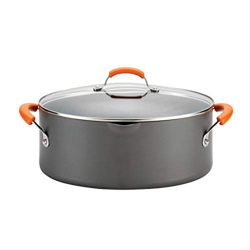 Rachael Ray Brights Hard-Anodized Nonstick Cookware Set, 14-Piece Pot and Pan Set, Gray with Orange Handles & Ray Brights Hard Anodized Nonstick Pasta Pot/Stockpot/Stock Pot - 8 Quart, Gray