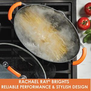 Rachael Ray Brights Hard-Anodized Nonstick Cookware Set, 14-Piece Pot and Pan Set, Gray with Orange Handles & Ray Brights Hard Anodized Nonstick Pasta Pot/Stockpot/Stock Pot - 8 Quart, Gray