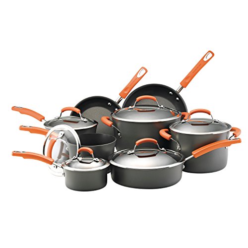 Rachael Ray Brights Hard-Anodized Nonstick Cookware Set, 14-Piece Pot and Pan Set, Gray with Orange Handles & Ray Brights Hard Anodized Nonstick Pasta Pot/Stockpot/Stock Pot - 8 Quart, Gray