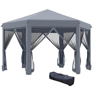 outsunny 13' x 11' hexagonal pop up gazebo, heavy duty outdoor canopy tent with 6 mesh sidewall netting, 3-level adjustable height and strong steel frame, gray