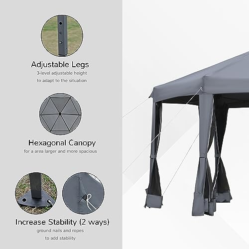 Outsunny 13' x 11' Hexagonal Pop Up Gazebo, Heavy Duty Outdoor Canopy Tent with 6 Mesh Sidewall Netting, 3-Level Adjustable Height and Strong Steel Frame, Gray