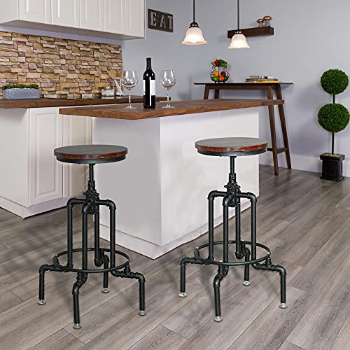 MAIKAILUN Industrial Vintage Bar Stool Set of 2,Rustic Adjustable Bar Stool Round Wood Metal Stool 26-30 Inch Kitchen Swivel Counter Height Farmhouse Stool Black