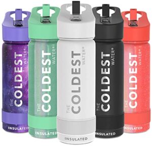 coldest sports water bottle - straw lid bottle with handle leak proof, vacuum insulated stainless steel, double walled, thermo mug, metal | epic white 18 oz