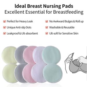 Organic Breast Pads – 10pcs Reusable Nursing Pads Washable+ Wet Bag and Laundry Bag - Breast Pads for Leaking Milk - Super Absorbent Nursing Pads Nursing Nipple Pads (Large 4.7")