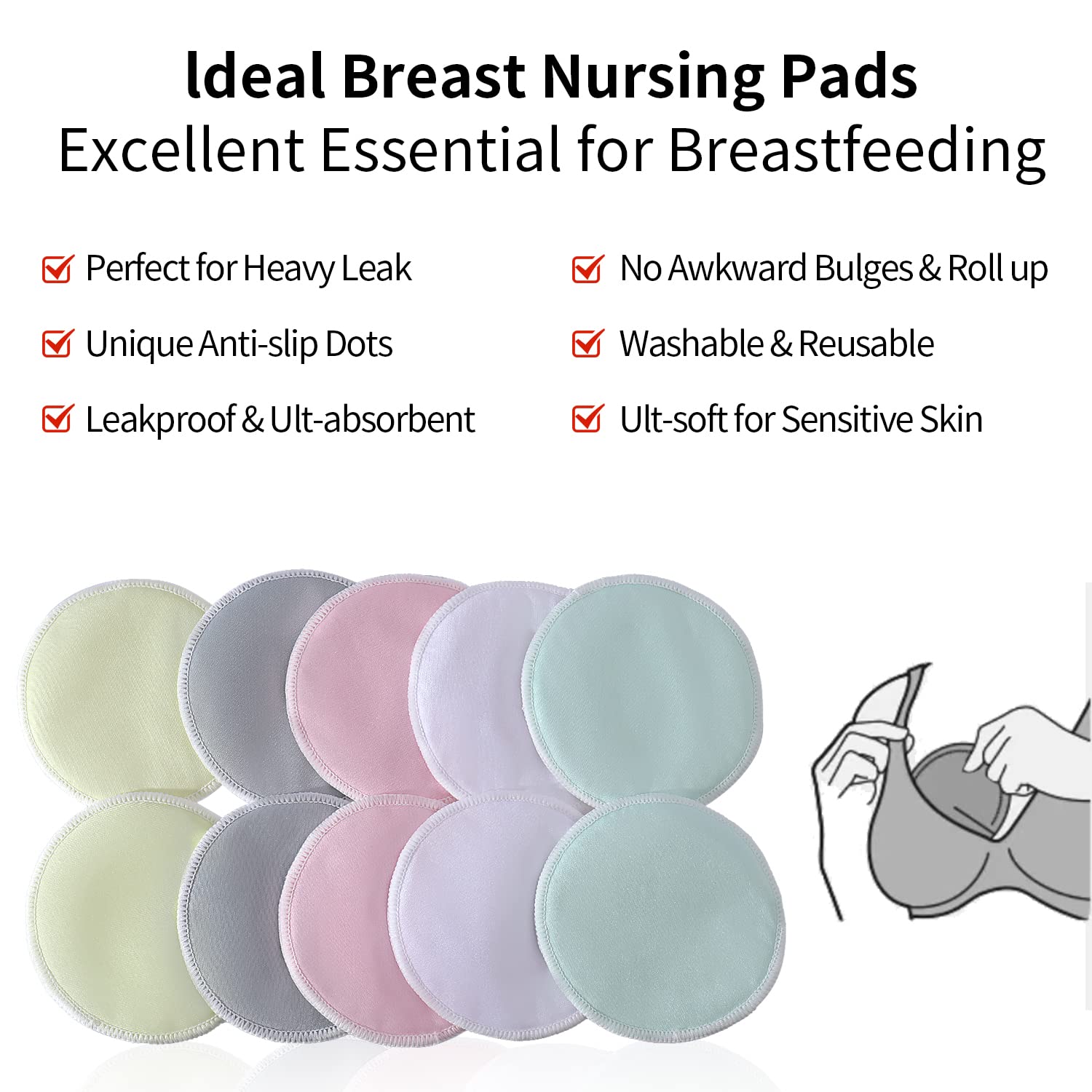 Organic Breast Pads – 10pcs Reusable Nursing Pads Washable+ Wet Bag and Laundry Bag - Breast Pads for Leaking Milk - Super Absorbent Nursing Pads Nursing Nipple Pads (Large 4.7")