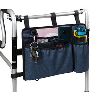 caroo walker bag basket with cup holder suit for adult folding walkers rollator organizer carry storage pouch water-resistant armrest accessories for seniors, elderly, handicap, blue