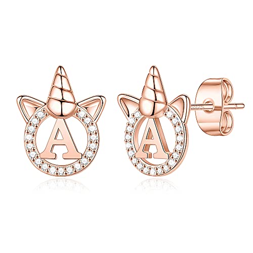 Unicorns Gifts for Girls, S925 Sterling Silver Post Rose Gold Plated Letter A Initial Stud Earrings Cubic Zirconia Hypoallergenic Unicorn Stud Earrings for Girls Women Unicorn Lovers Jewelry for Kids