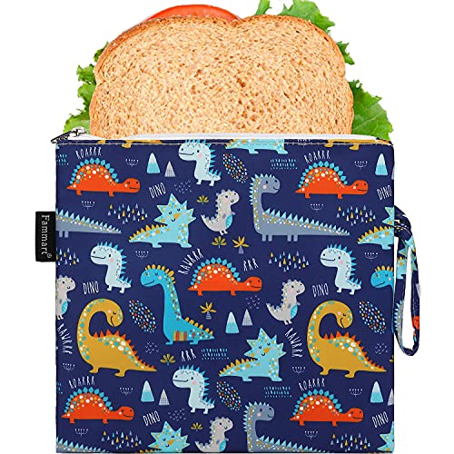 Reusable Sandwich Bag/Snack Bag for Kids & Adults, Dual Layer Lunch Bag with Handle, Washable, Food Safe, BPA Free (1-Pack, Dinosaur)