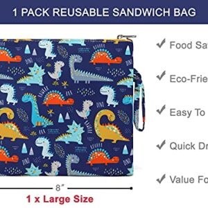 Reusable Sandwich Bag/Snack Bag for Kids & Adults, Dual Layer Lunch Bag with Handle, Washable, Food Safe, BPA Free (1-Pack, Dinosaur)