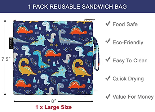 Reusable Sandwich Bag/Snack Bag for Kids & Adults, Dual Layer Lunch Bag with Handle, Washable, Food Safe, BPA Free (1-Pack, Dinosaur)