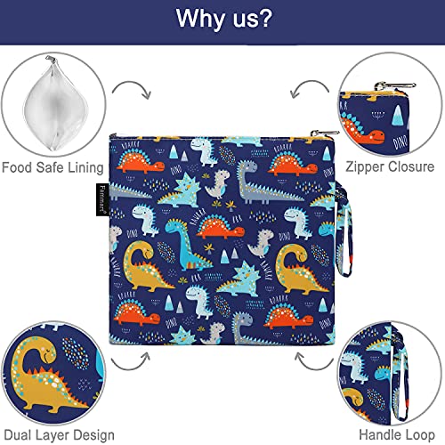 Reusable Sandwich Bag/Snack Bag for Kids & Adults, Dual Layer Lunch Bag with Handle, Washable, Food Safe, BPA Free (1-Pack, Dinosaur)