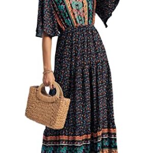 PRETTYGARDEN Women's Casual Summer Boho Floral Print Dress V Neck Short Sleeve High Waist Long Maxi Beach Dresses (Black Floral,Medium)