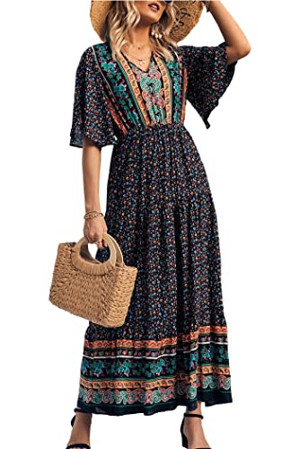 PRETTYGARDEN Women's Casual Summer Boho Floral Print Dress V Neck Short Sleeve High Waist Long Maxi Beach Dresses (Black Floral,Medium)