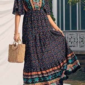 PRETTYGARDEN Women's Casual Summer Boho Floral Print Dress V Neck Short Sleeve High Waist Long Maxi Beach Dresses (Black Floral,Medium)