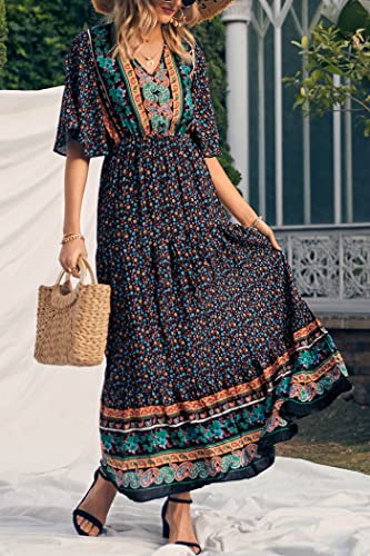 PRETTYGARDEN Women's Casual Summer Boho Floral Print Dress V Neck Short Sleeve High Waist Long Maxi Beach Dresses (Black Floral,Medium)