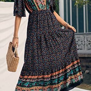 PRETTYGARDEN Women's Casual Summer Boho Floral Print Dress V Neck Short Sleeve High Waist Long Maxi Beach Dresses (Black Floral,Medium)