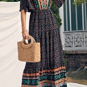 PRETTYGARDEN Women's Casual Summer Boho Floral Print Dress V Neck Short Sleeve High Waist Long Maxi Beach Dresses (Black Floral,Medium)