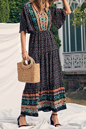 PRETTYGARDEN Women's Casual Summer Boho Floral Print Dress V Neck Short Sleeve High Waist Long Maxi Beach Dresses (Black Floral,Medium)