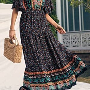 PRETTYGARDEN Women's Casual Summer Boho Floral Print Dress V Neck Short Sleeve High Waist Long Maxi Beach Dresses (Black Floral,Medium)