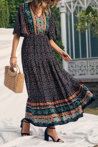 PRETTYGARDEN Women's Casual Summer Boho Floral Print Dress V Neck Short Sleeve High Waist Long Maxi Beach Dresses (Black Floral,Medium)