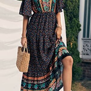 PRETTYGARDEN Women's Casual Summer Boho Floral Print Dress V Neck Short Sleeve High Waist Long Maxi Beach Dresses (Black Floral,Medium)