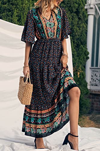 PRETTYGARDEN Women's Casual Summer Boho Floral Print Dress V Neck Short Sleeve High Waist Long Maxi Beach Dresses (Black Floral,Medium)