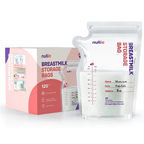 Nuliie 120 Pcs Breastmilk Storage Bags, 8 OZ Breast Milk Storing Bags, BPA Free, Milk Storage Bags with Pour Spout for Breastfeeding, Self-Standing Bag, Space Saving Flat Profile