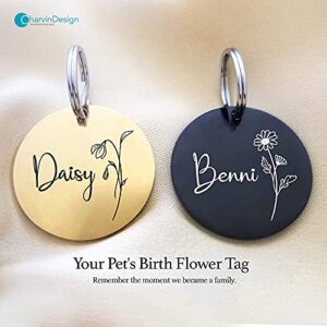 Engraving Pet ID Tags, Personalized Pet ID Tags Birth Flower, Stainless Steel Pet ID Tags, Custom Engraved Dog and Cat Tags, Double Sided, Round Stainless Steel - Made in USA