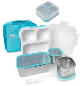 stainless steel lunch box for kids toddler bento-box lunch-box for daycare, 3 compartment portion control containers with tray for lunches snacks - school travel, 24 oz teal blue with bag utensil