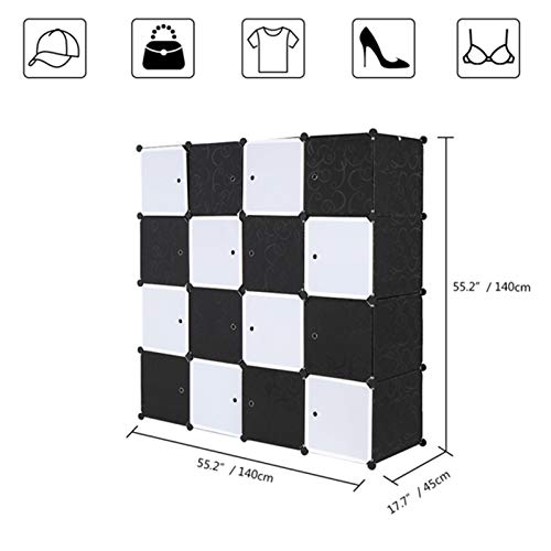 DWLOMHE Modular Cabinet DIY Storage 16 Cubes for Space Saving,for Bedroom Living Room,Black and White Combination Door