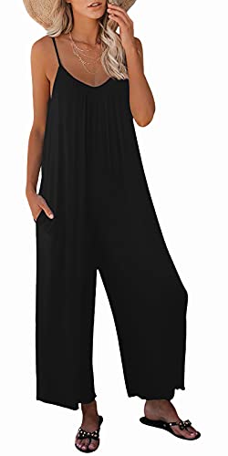 snugwind Womens Casual Sleeveless Strap Loose Adjustable Jumpsuits Stretchy Long Pants Romper with Pockets X-Large Black